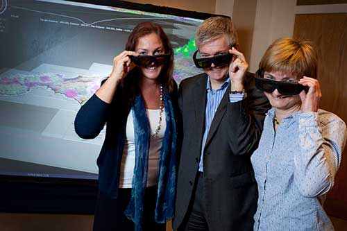 Cally Oldershaw (Camborne School of Mines), Dr Andrew Howard (BGS) and Professor Frances Wall (Camborne School of Mines) taking a break from virtual reality.